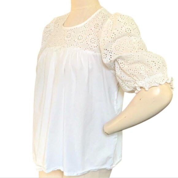 English Factory Puff Sleeve Blouse 100% Cotton White Eyelet Upper Sz XL 138L - Picture 4 of 8